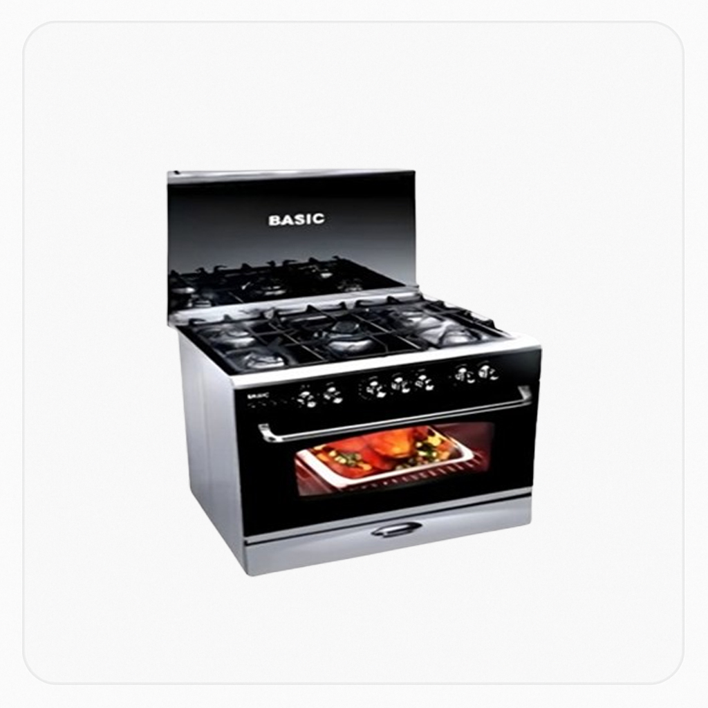 Basic Free Stand Gas Cooker 90×60 cm – 5 Burners – Auto Ignition – Full Safety – Stainless Steel – Model BO-U9060