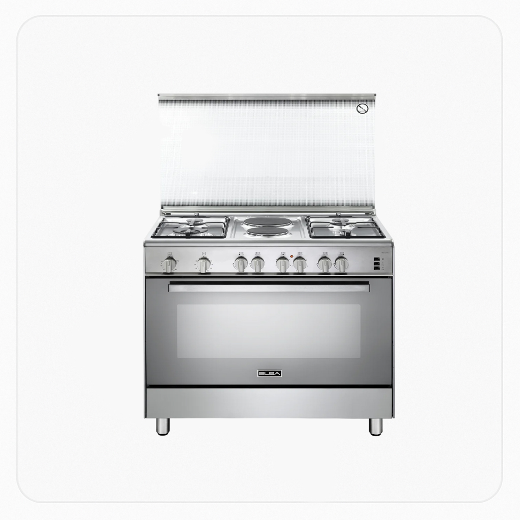 Elba Freestanding Dual Fuel Cooker 90cm 6 Burners 4 Gas 2 Electric Gas Oven Grill Steel