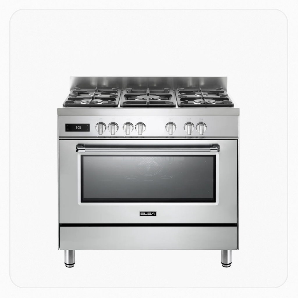 Elba Freestanding Dual Fuel Cooker 90cm 5 Burners Electric Multifunction Oven Grill Steel