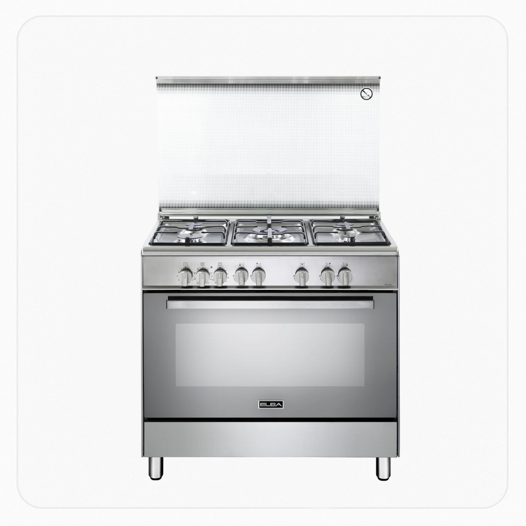 Elba Freestanding Dual Fuel Cooker 90cm 5 Burners Electric Multifunction Oven Grill Steel