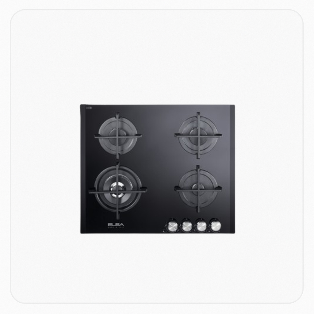 Elba Built-in Gas Hob 60cm 4 Burners Black Glass Front Knob Control – ASELIOEN65-445CG