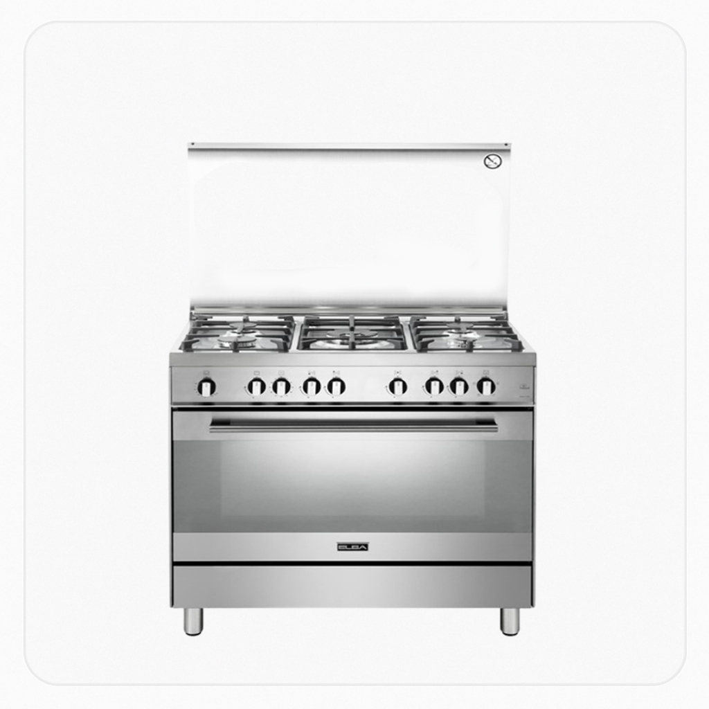 Elba Free Stand Gas Cooker 90×60 cm – 5 Burners – Fan – Grill – Full Safety – Glass Lid – Model FEX 965 FG SA
