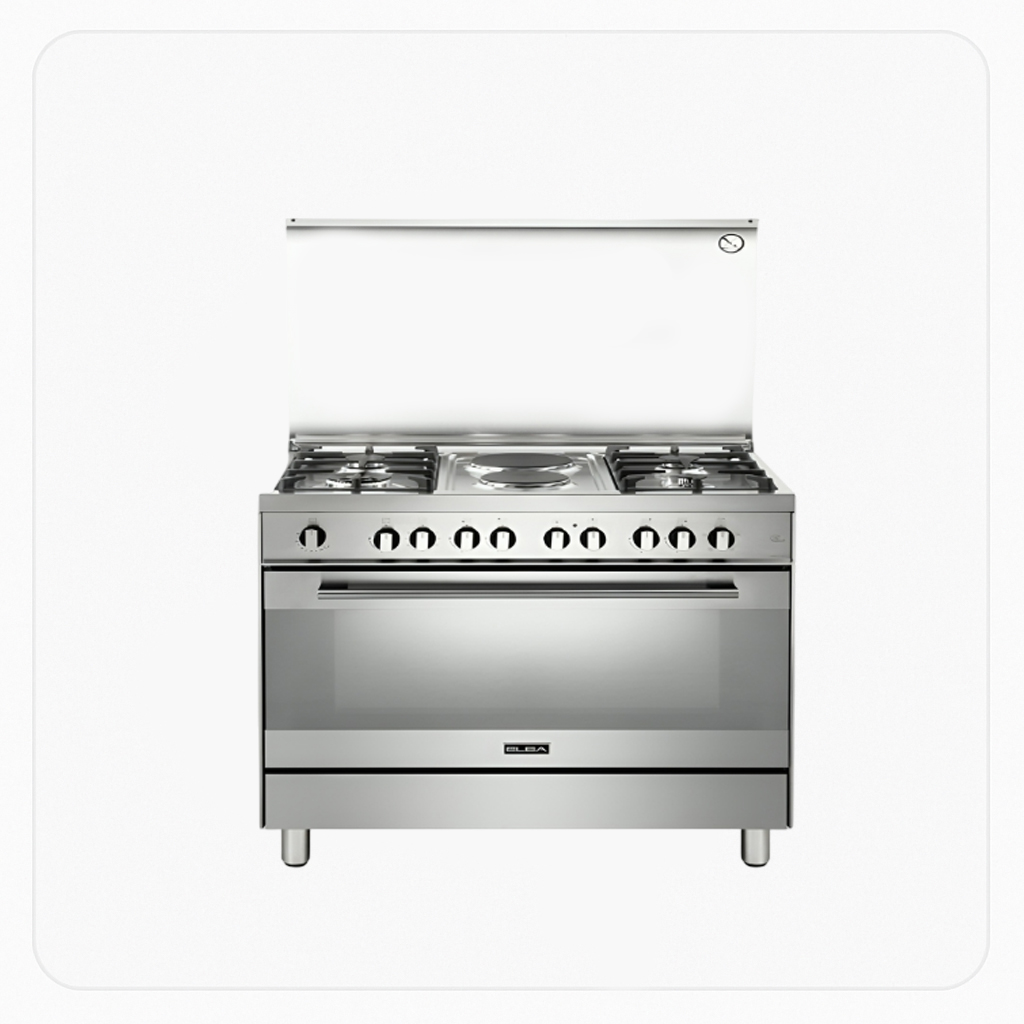 Elba Freestanding Dual Fuel Cooker 90cm 6 Burners 4 Gas 2 Electric Fan Gas Oven Grill Steel